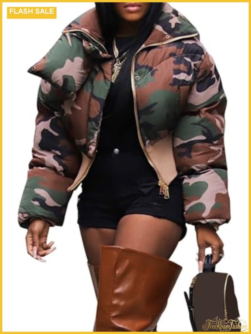 Womens Cropped Camo Puffer Jacket Quilted Zip Up Winter Coat Size M